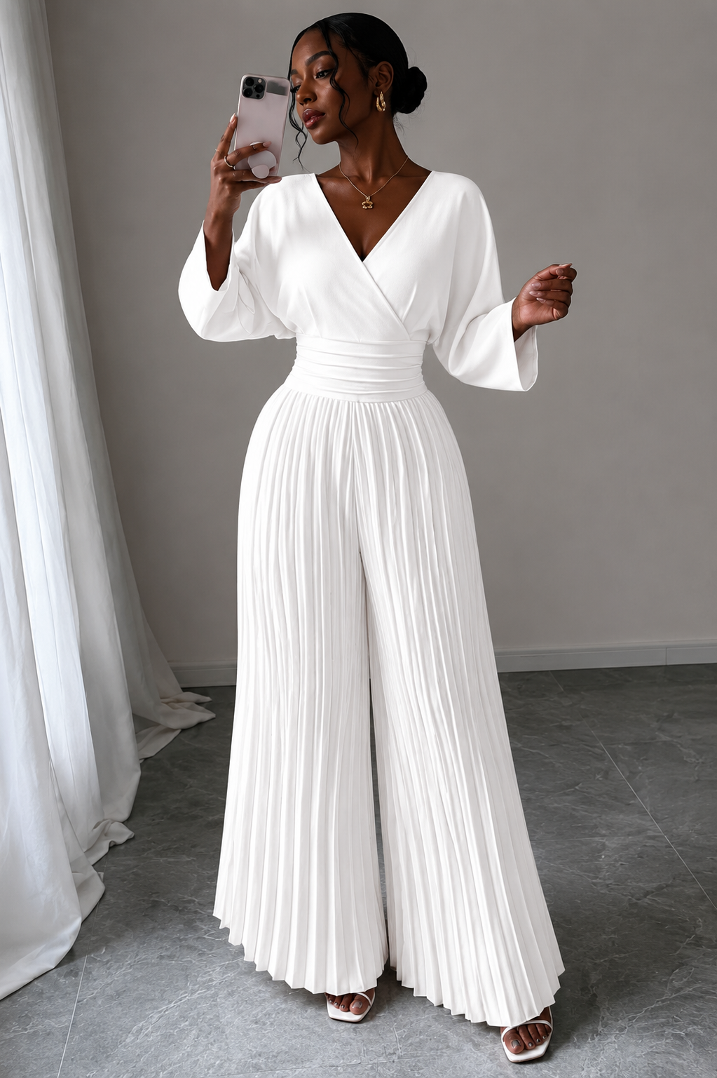 Surplice Pleated Wide Leg Jumpsuit