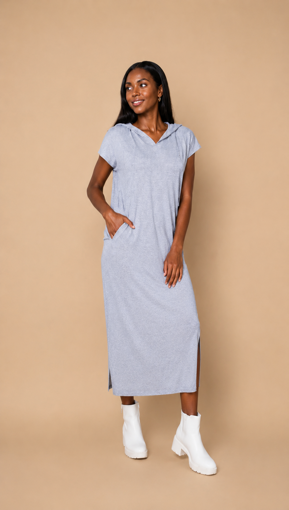 Perfee Short Sleeve Front Slit Hooded Dress
