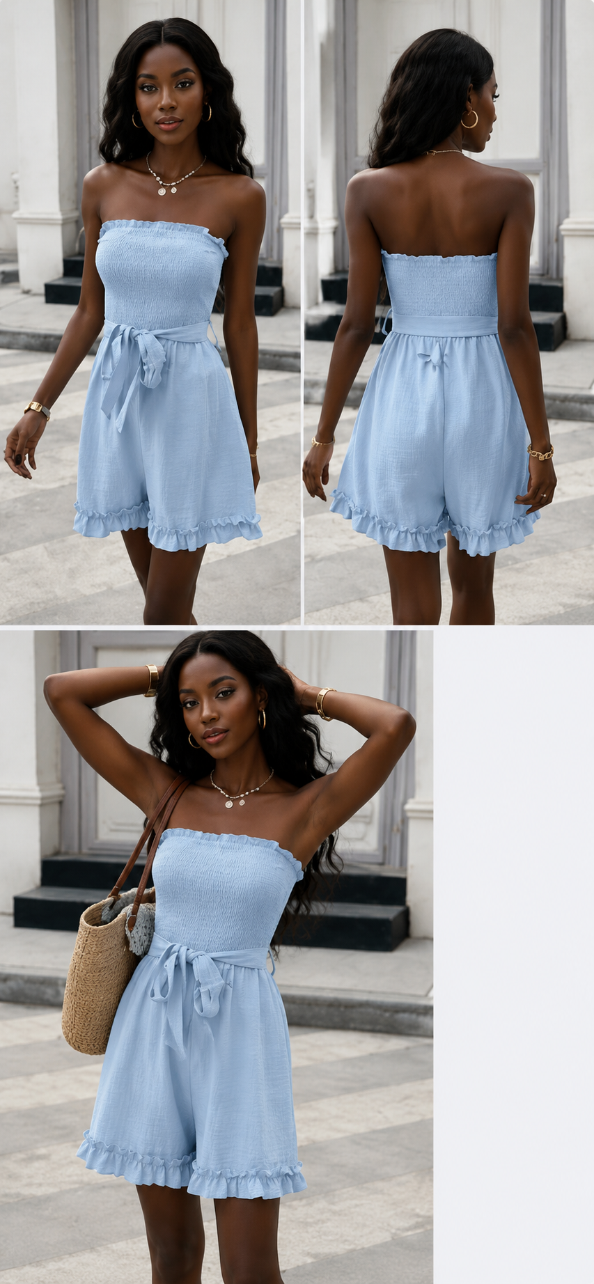 Smocked Strapless Ruffle Hem Romper