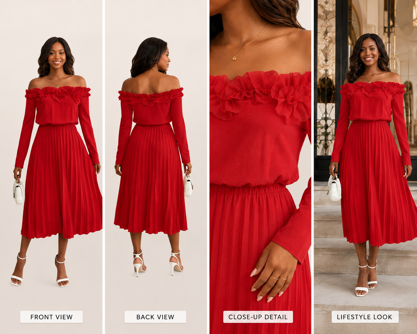 Off-Shoulder Ruffle Pleated Midi Dress