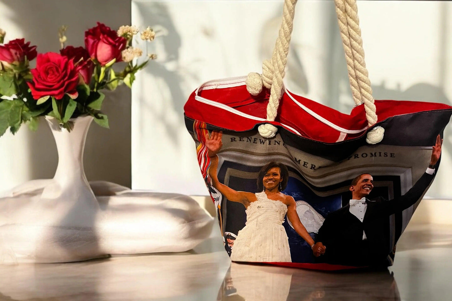 Michelle and Barack Oversize tote bag with makeup case - M. Burks Pretty Boutique LLC.shop