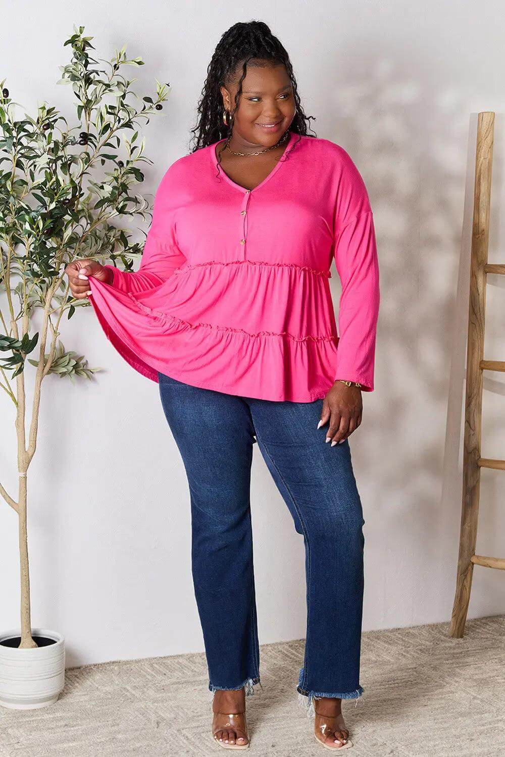 Double Take Half Button Long Sleeve Ruffle Hem Blouse - M. Burks Pretty Boutique LLC.shop