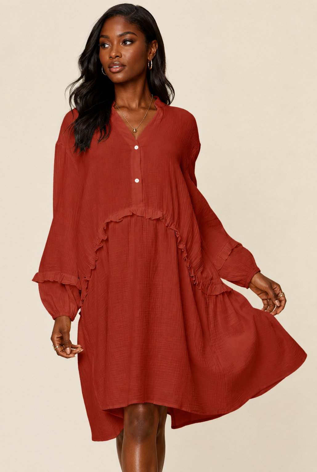 Double Take Full Size Texture Half Button Ruffle Trim Dress