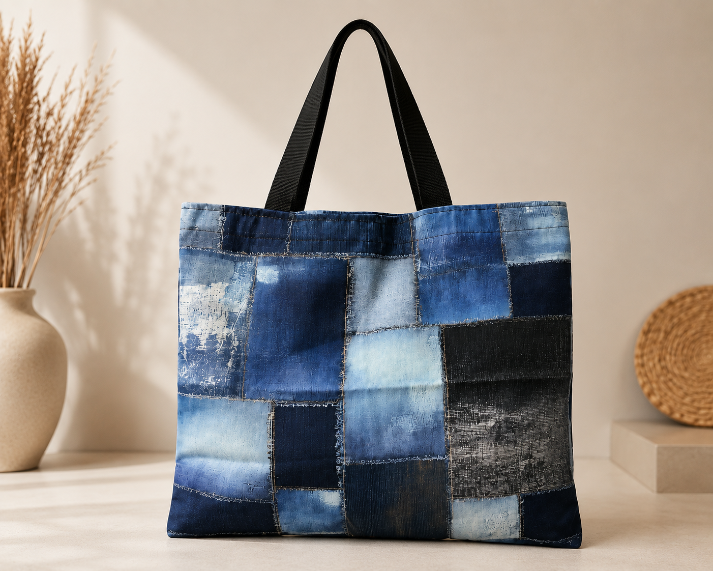 Midnight Patchwork Denim Tote Bag