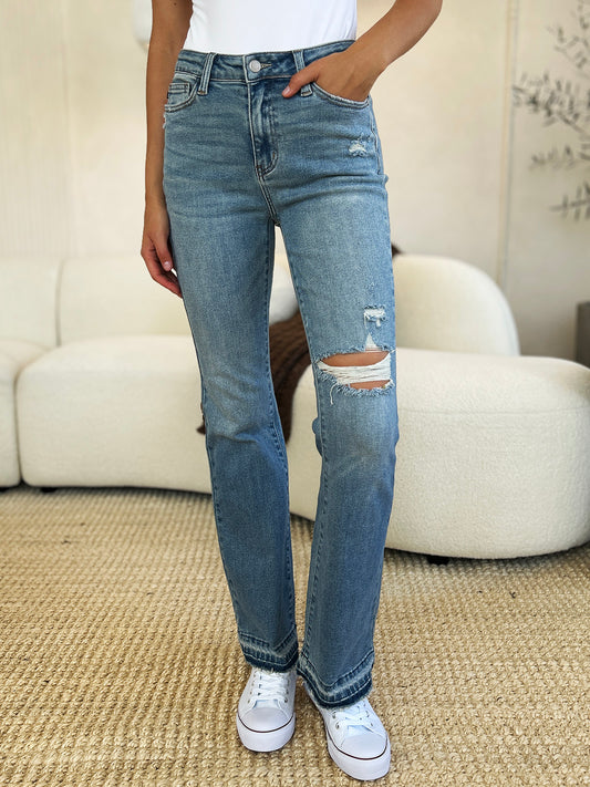 Judy Blue Full Size Mid Rise Destroyed Hem Distressed Jeans.