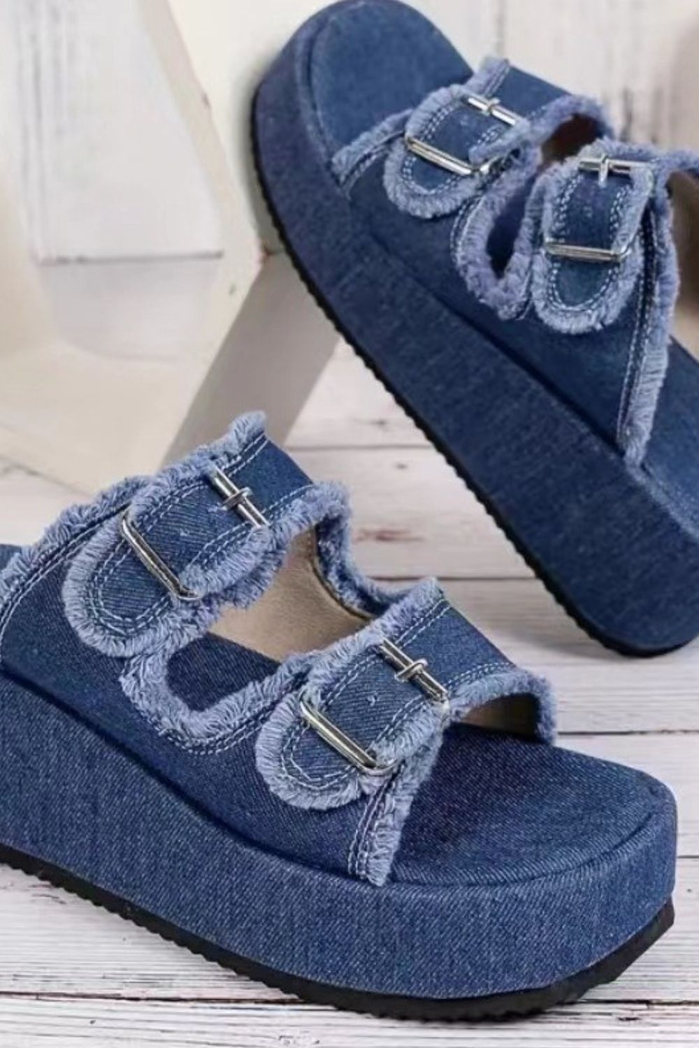 Raw Hem Wedge Buckle Sandals.