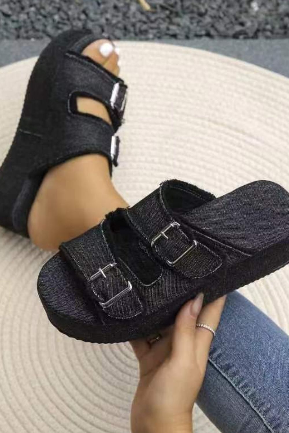 Raw Hem Wedge Buckle Sandals.