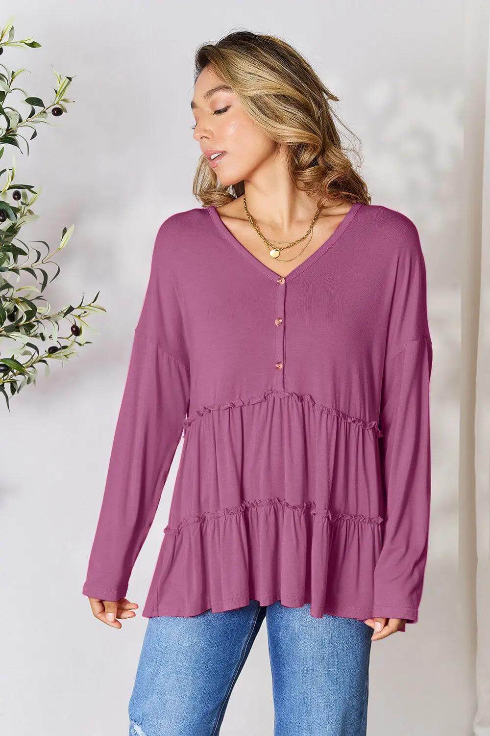 Double Take Half Button Long Sleeve Ruffle Hem Blouse - M. Burks Pretty Boutique LLC.shop