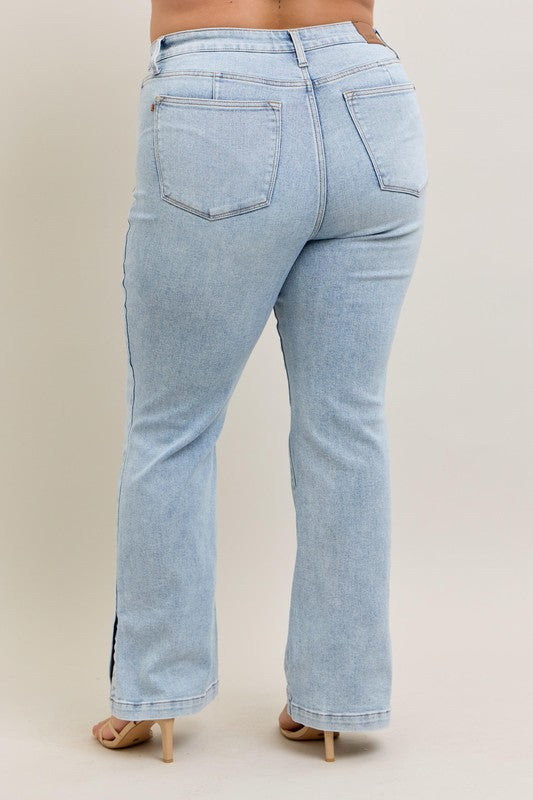 Judy Blue Full Size Tummy Control Vintage Wash Side Slit Slim Boot Jeans Plus Size.