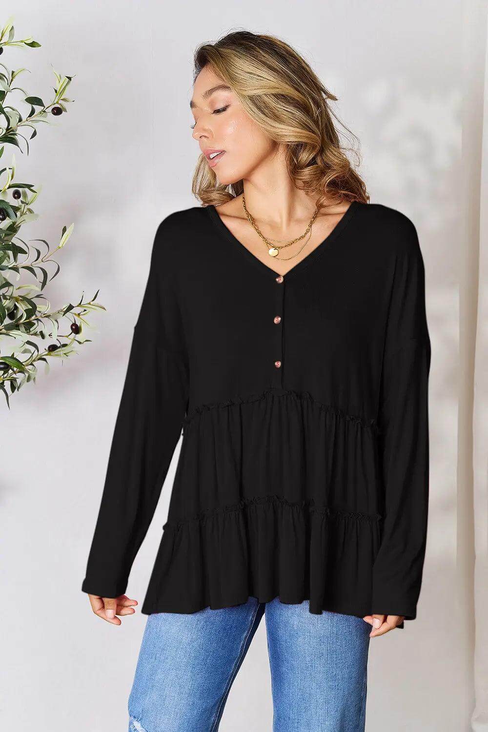 Double Take Half Button Long Sleeve Ruffle Hem Blouse - M. Burks Pretty Boutique LLC.shop