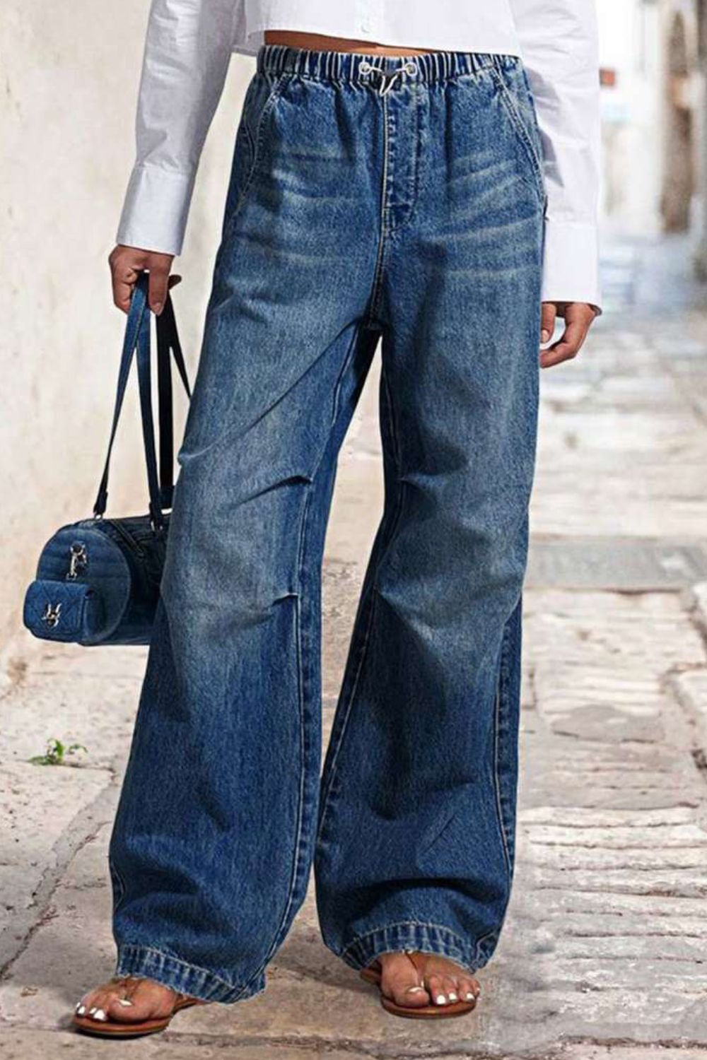 Drawstring Waist Wide Leg Shirred Jeans.