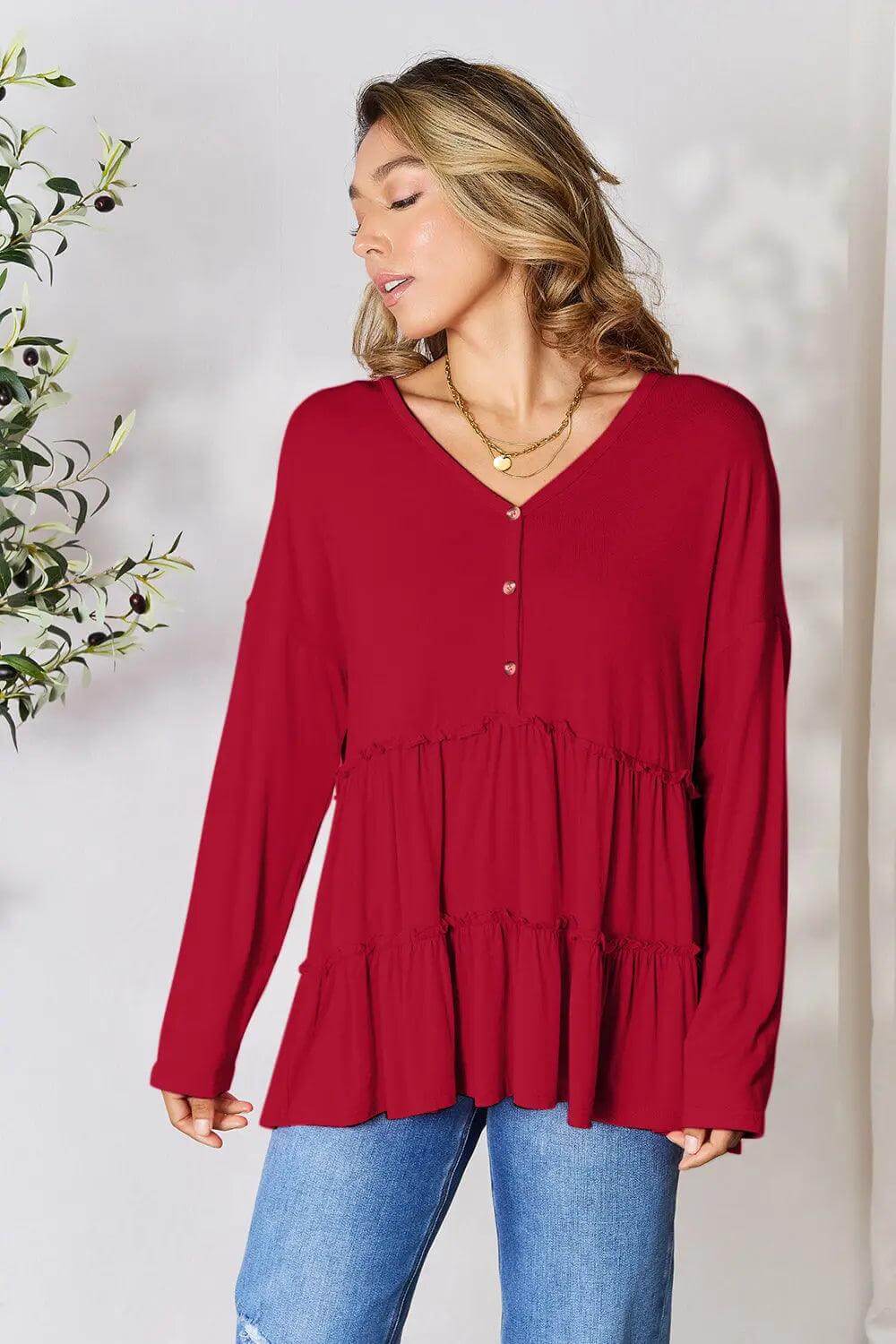 Double Take Half Button Long Sleeve Ruffle Hem Blouse - M. Burks Pretty Boutique LLC.shop