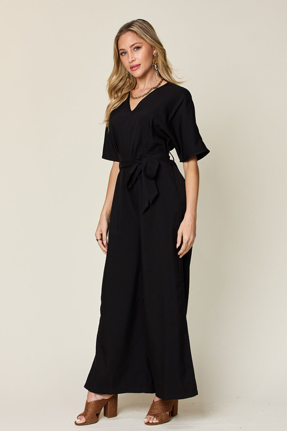 Double Take Full Size V-Neck Tied Side Slit Jumpsuit.