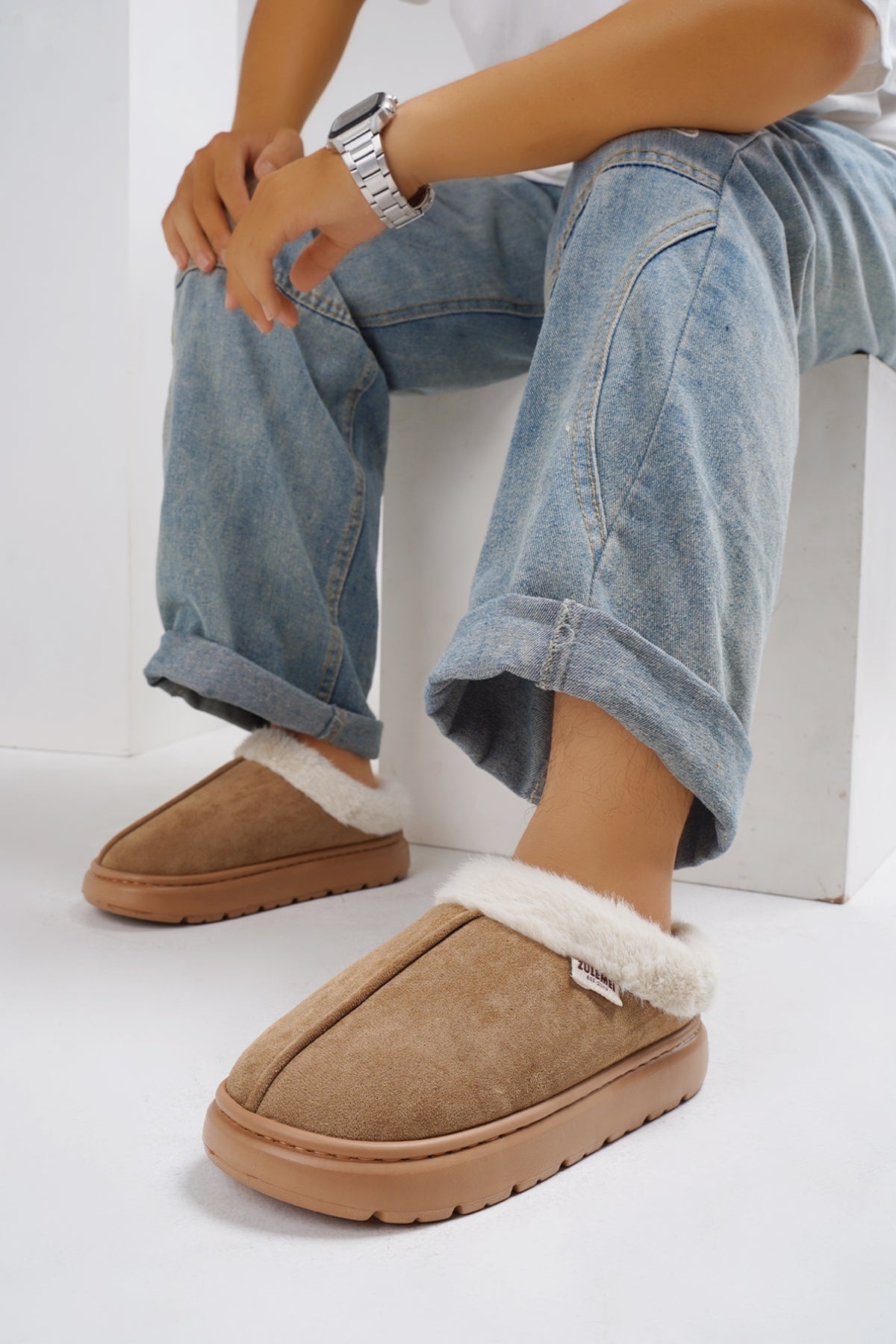 Furry Round Toe Platform Slippers.
