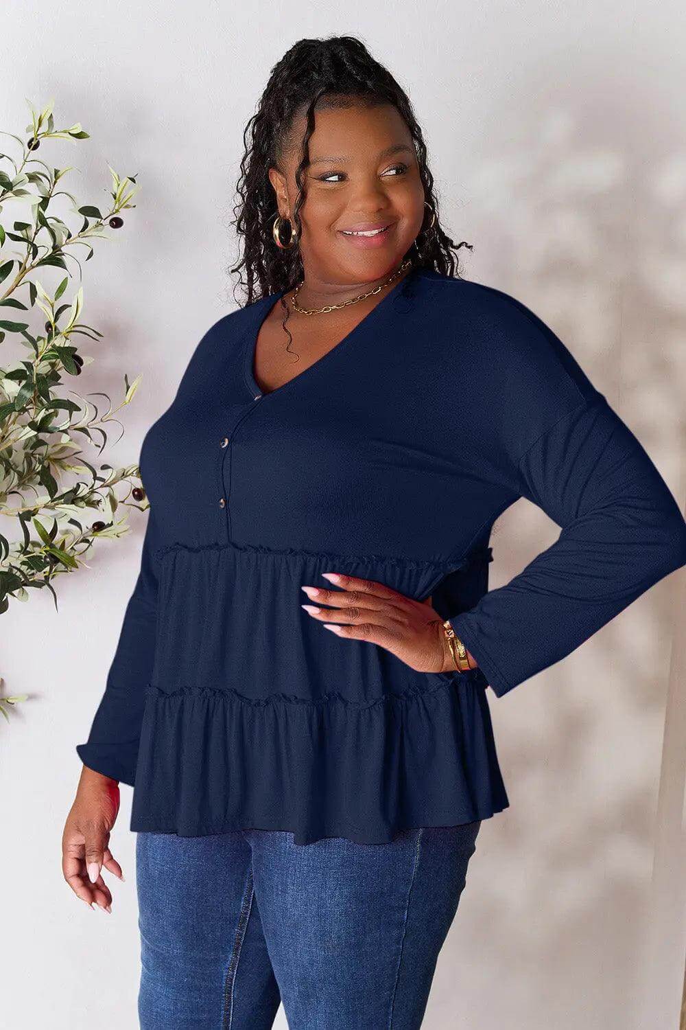 Double Take Half Button Long Sleeve Ruffle Hem Blouse - M. Burks Pretty Boutique LLC.shop