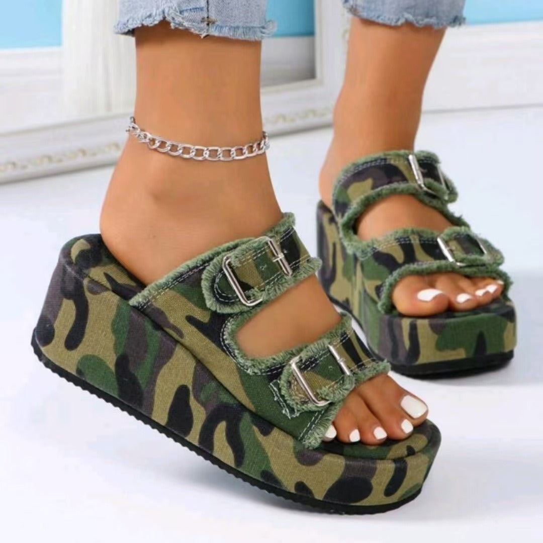 Raw Hem Wedge Buckle Sandals.