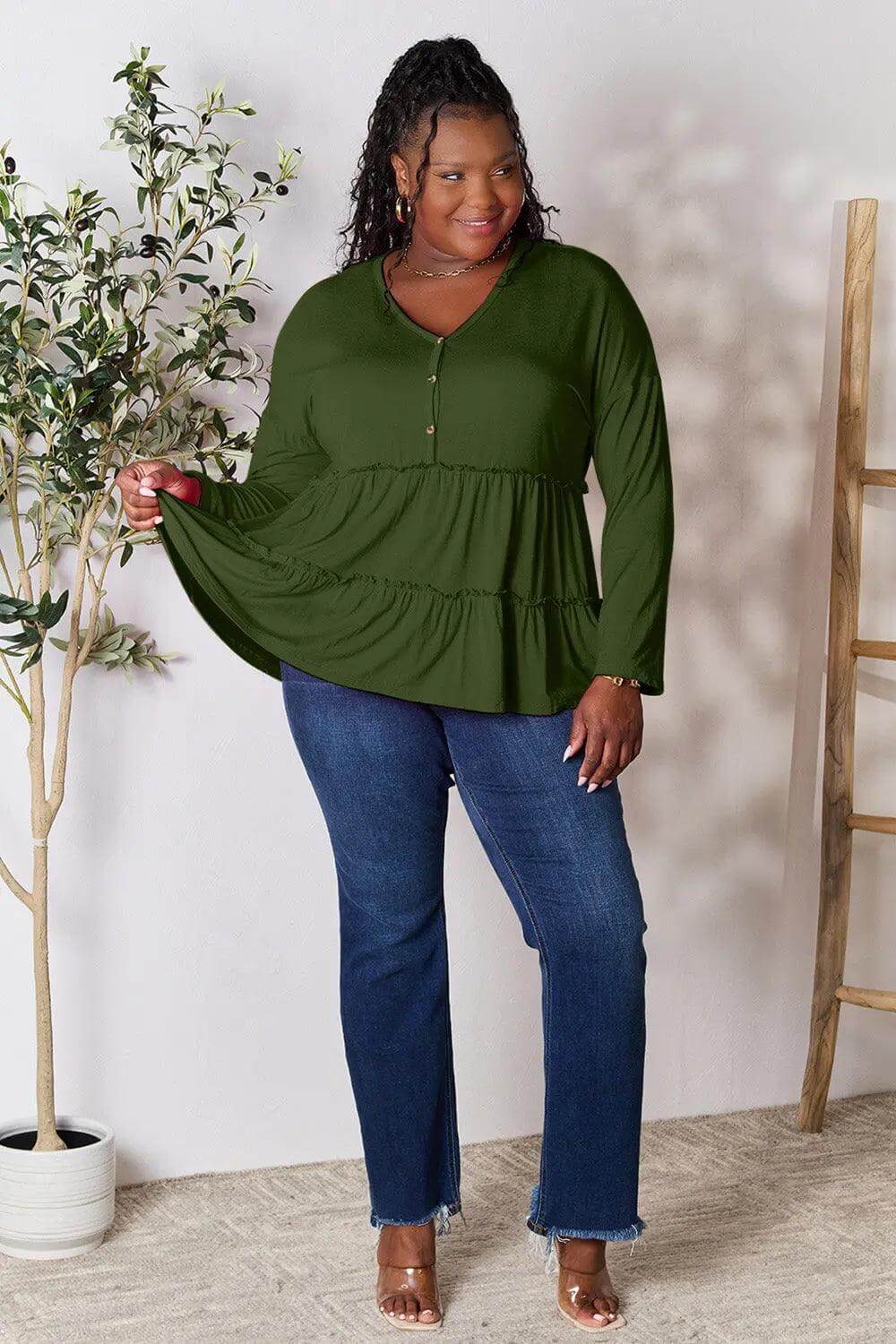 Double Take Half Button Long Sleeve Ruffle Hem Blouse - M. Burks Pretty Boutique LLC.shop
