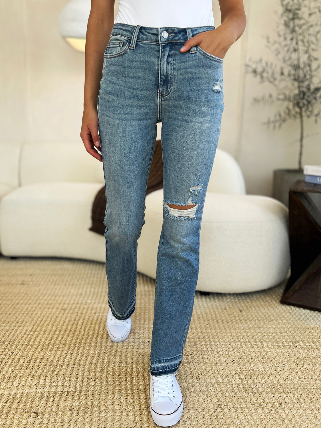 Judy Blue Full Size Mid Rise Destroyed Hem Distressed Jeans.