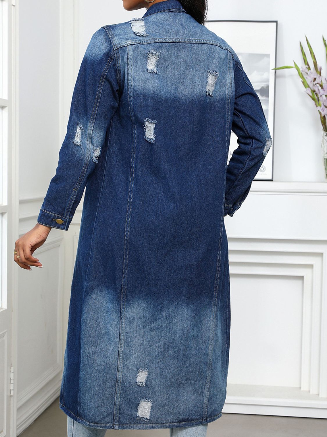 Distressed Button Up Collared Neck Denim Top.