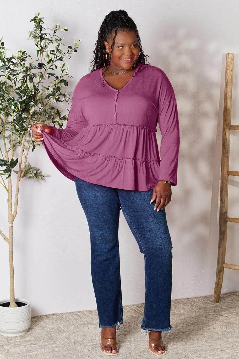 Double Take Half Button Long Sleeve Ruffle Hem Blouse - M. Burks Pretty Boutique LLC.shop