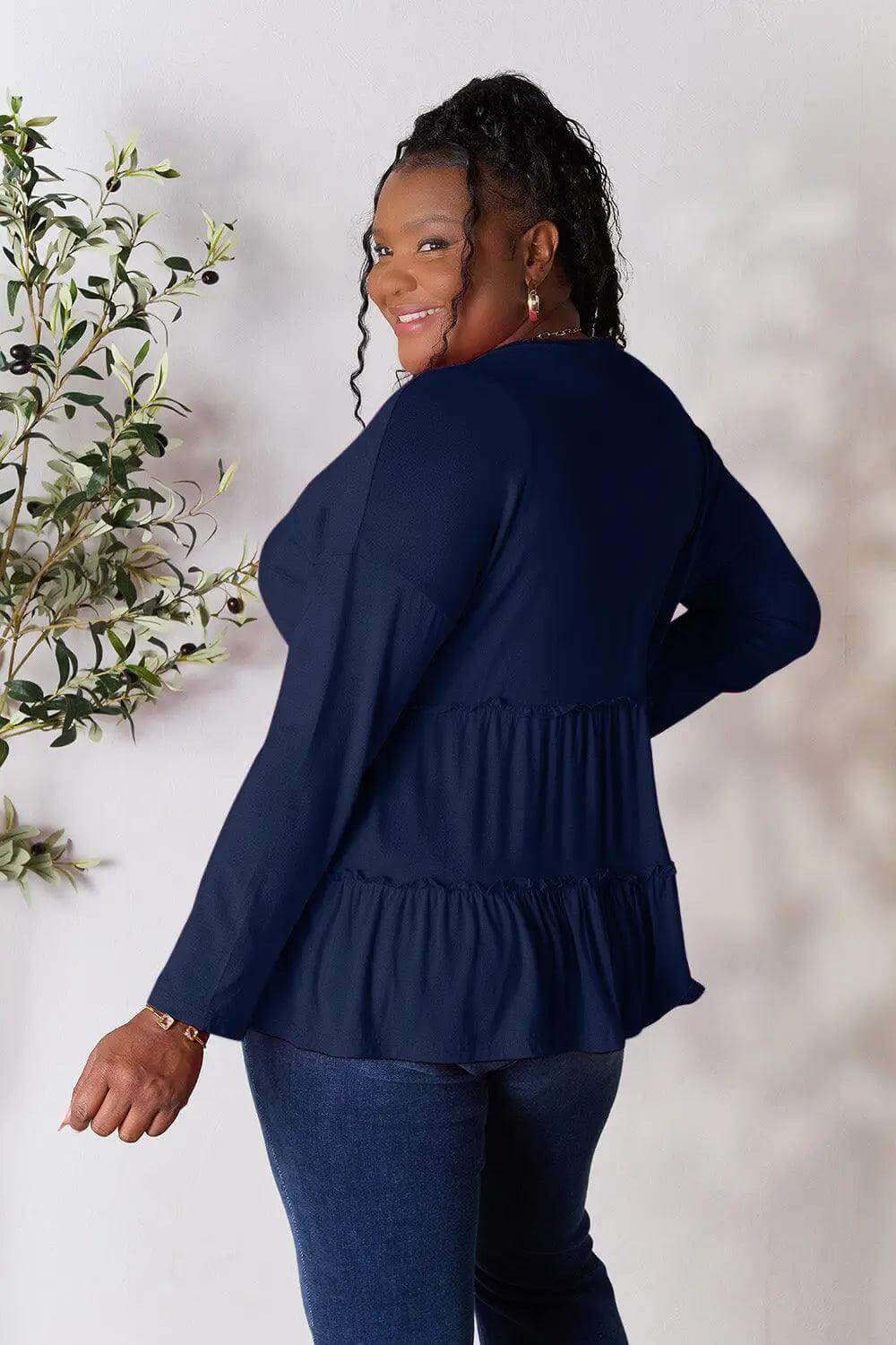 Double Take Half Button Long Sleeve Ruffle Hem Blouse - M. Burks Pretty Boutique LLC.shop