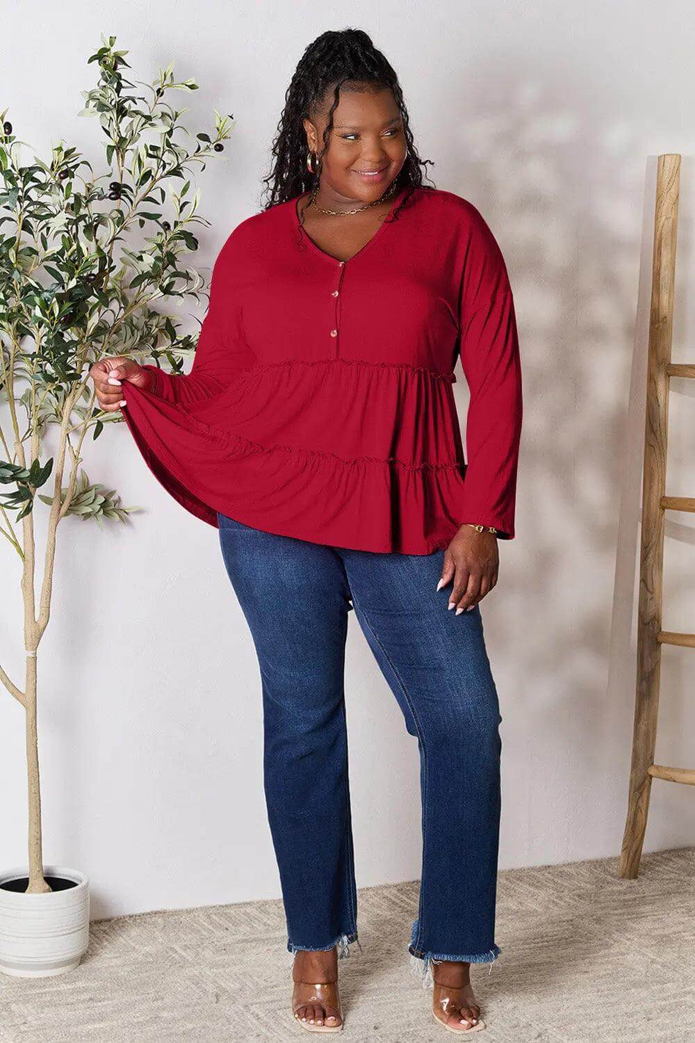 Double Take Half Button Long Sleeve Ruffle Hem Blouse - M. Burks Pretty Boutique LLC.shop