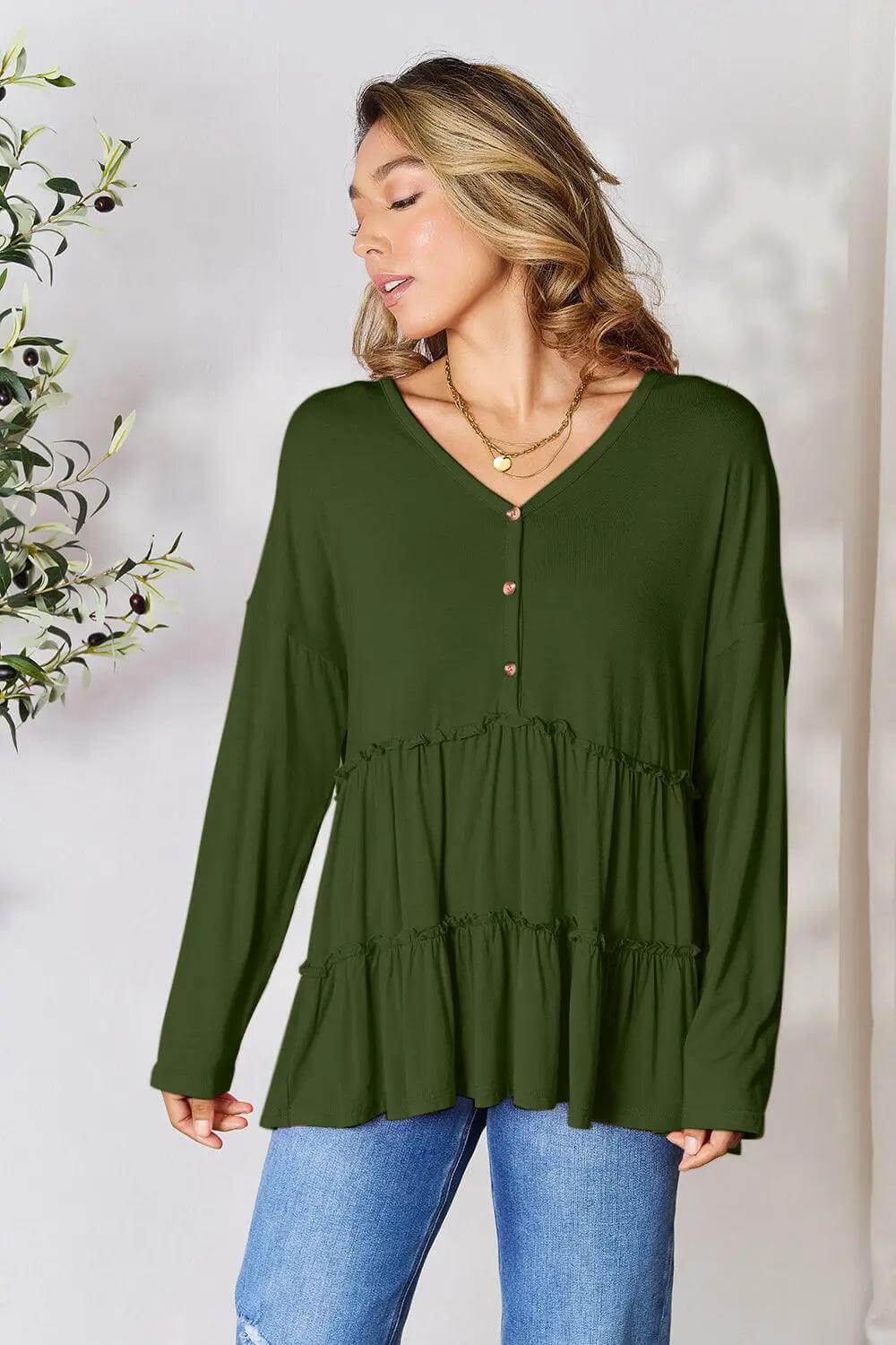 Double Take Half Button Long Sleeve Ruffle Hem Blouse - M. Burks Pretty Boutique LLC.shop