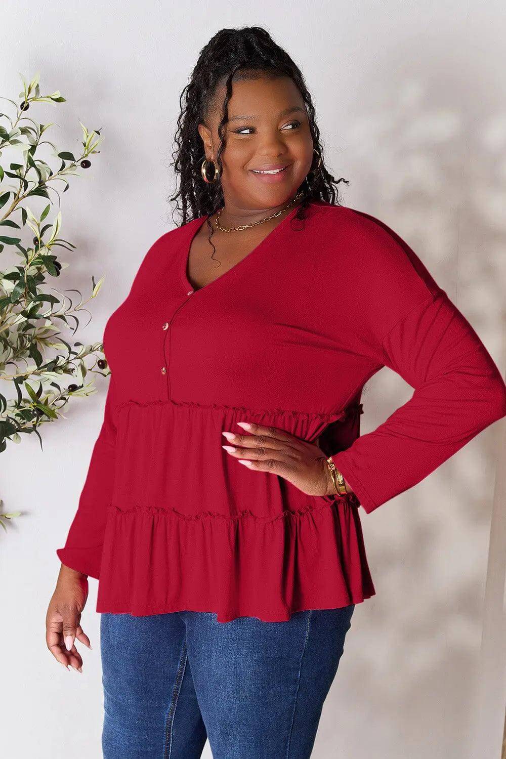 Double Take Half Button Long Sleeve Ruffle Hem Blouse - M. Burks Pretty Boutique LLC.shop