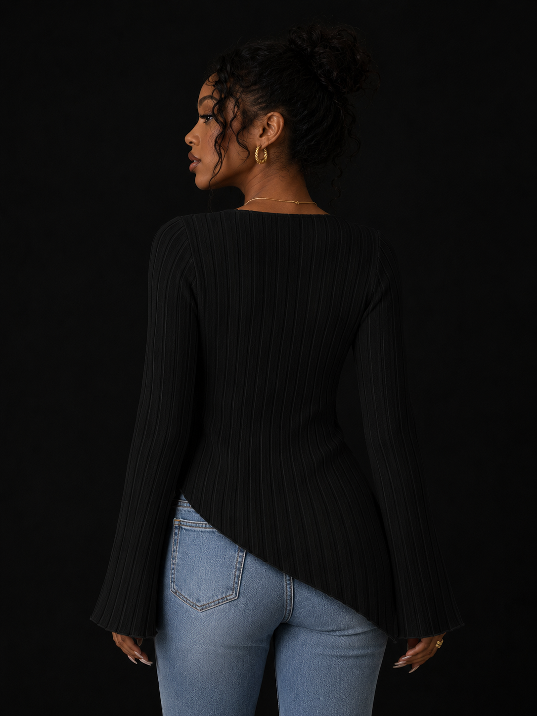 Cowl Neck Ribbed Knit T-Shirt
