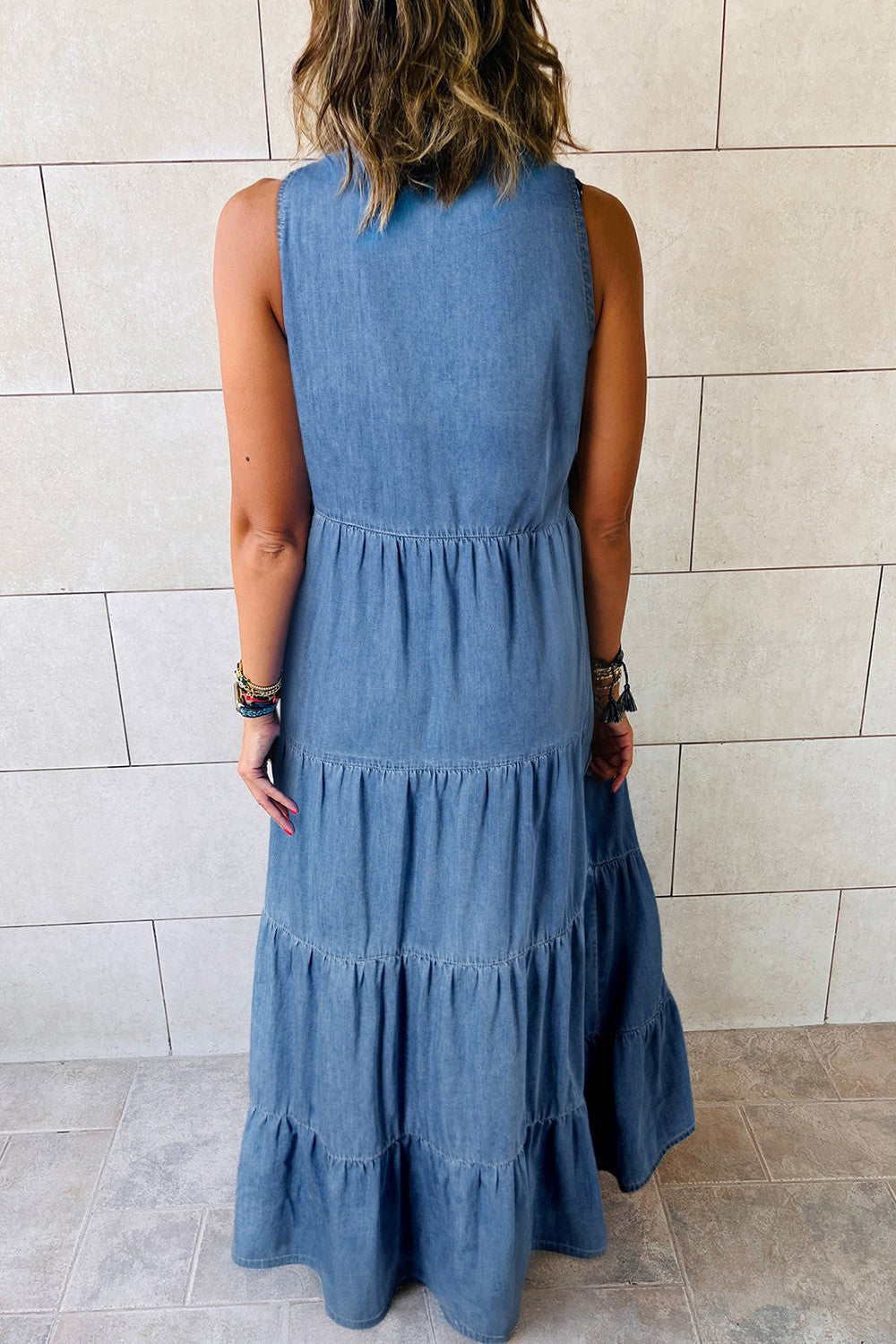 Tie Neck Tiered Maxi Denim Dress.