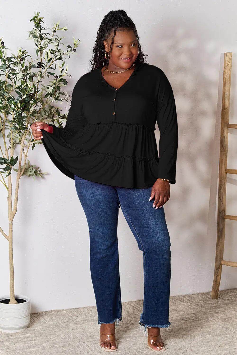Double Take Half Button Long Sleeve Ruffle Hem Blouse - M. Burks Pretty Boutique LLC.shop