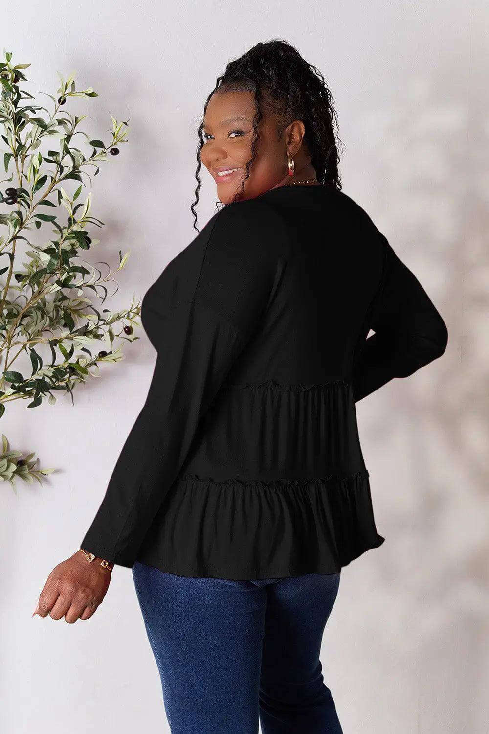 Double Take Half Button Long Sleeve Ruffle Hem Blouse - M. Burks Pretty Boutique LLC.shop
