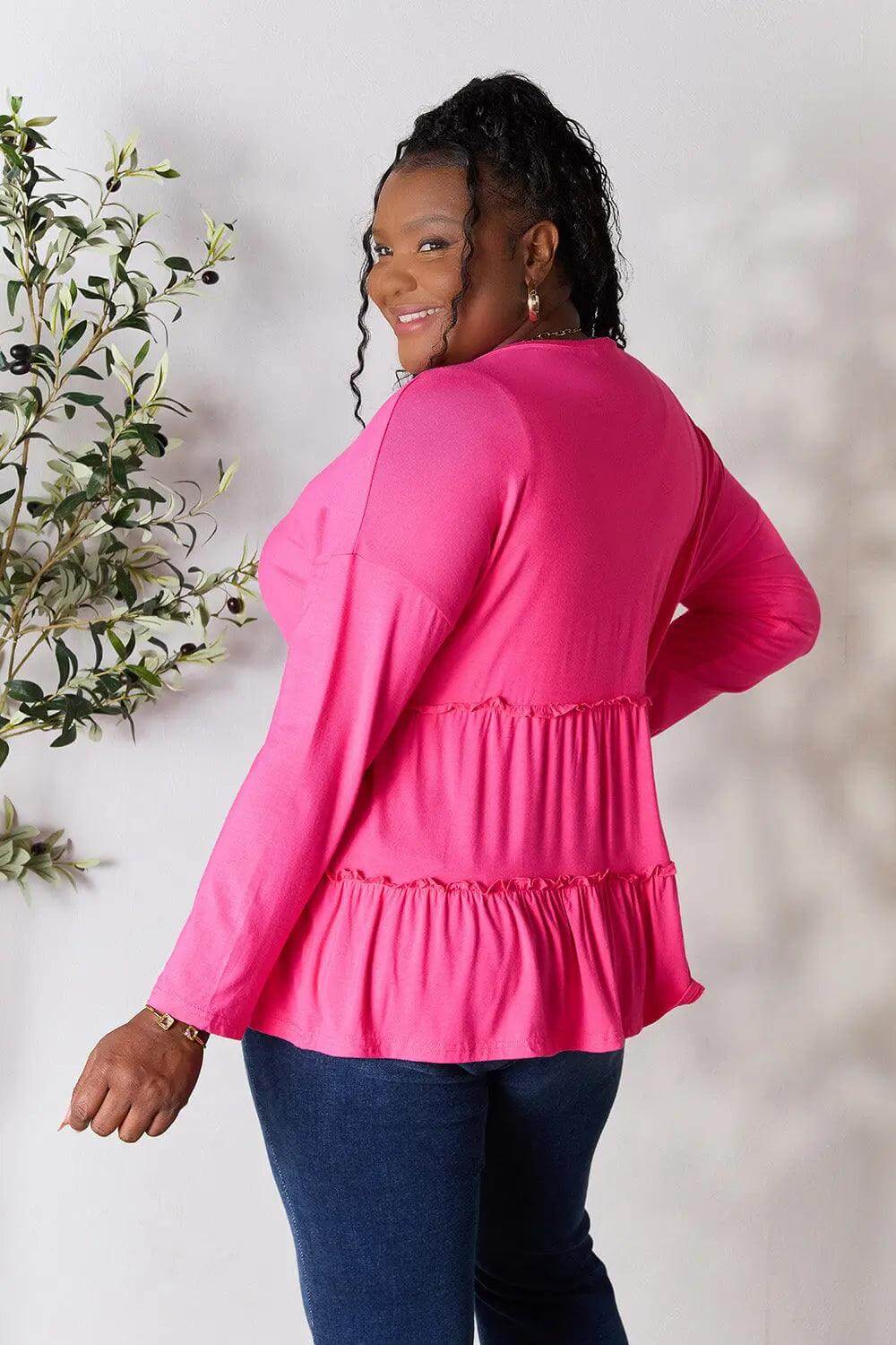 Double Take Half Button Long Sleeve Ruffle Hem Blouse - M. Burks Pretty Boutique LLC.shop