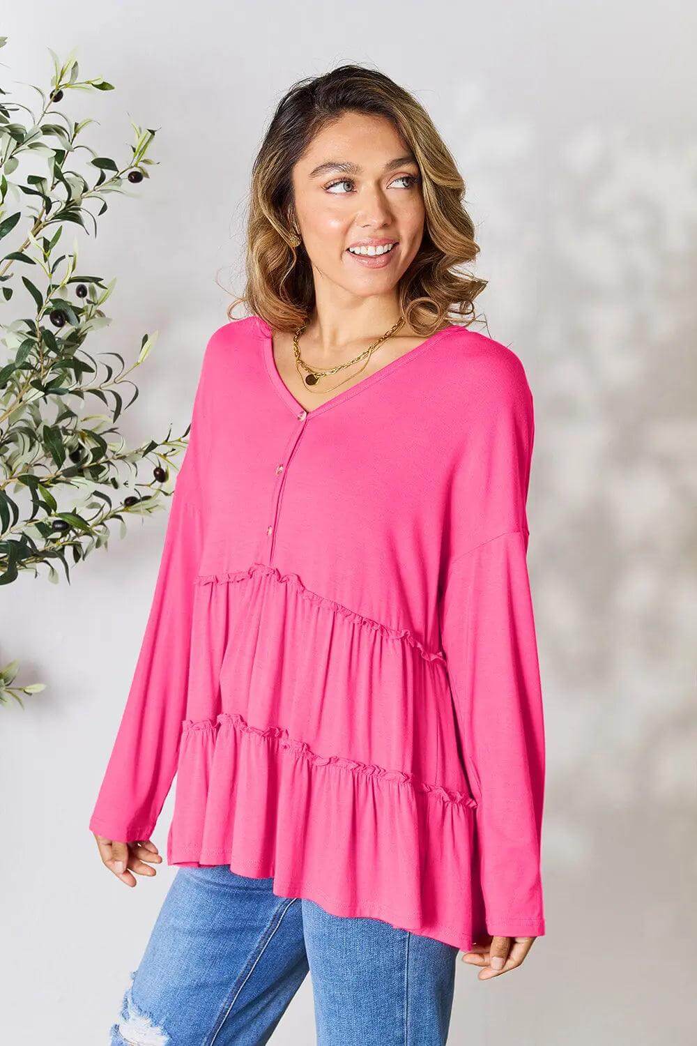 Double Take Half Button Long Sleeve Ruffle Hem Blouse - M. Burks Pretty Boutique LLC.shop