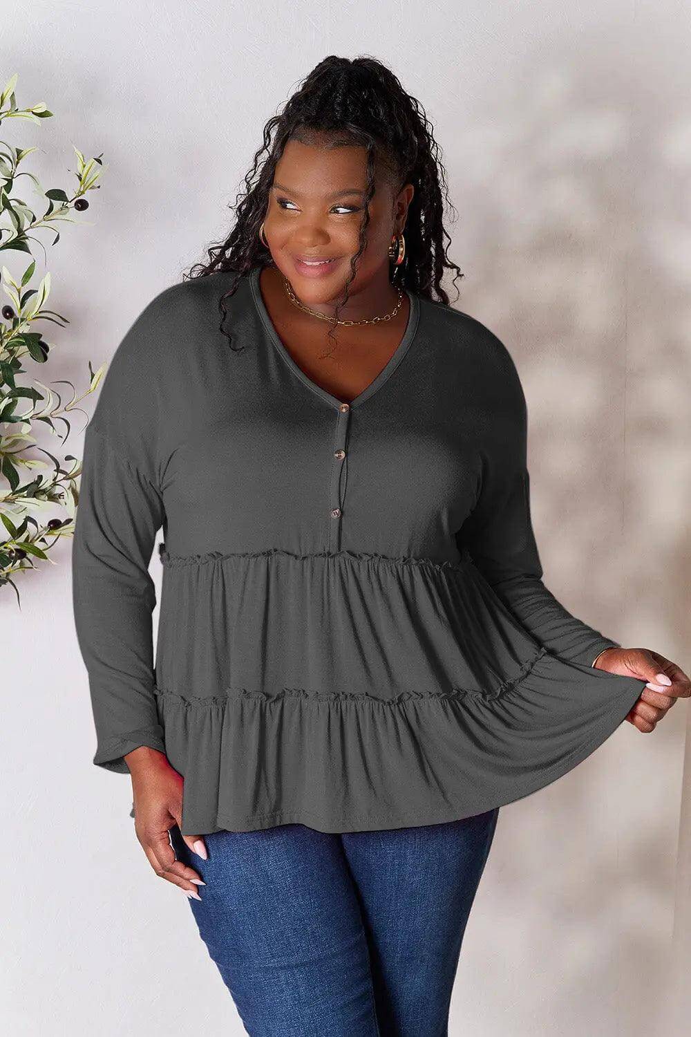 Double Take Half Button Long Sleeve Ruffle Hem Blouse - M. Burks Pretty Boutique LLC.shop