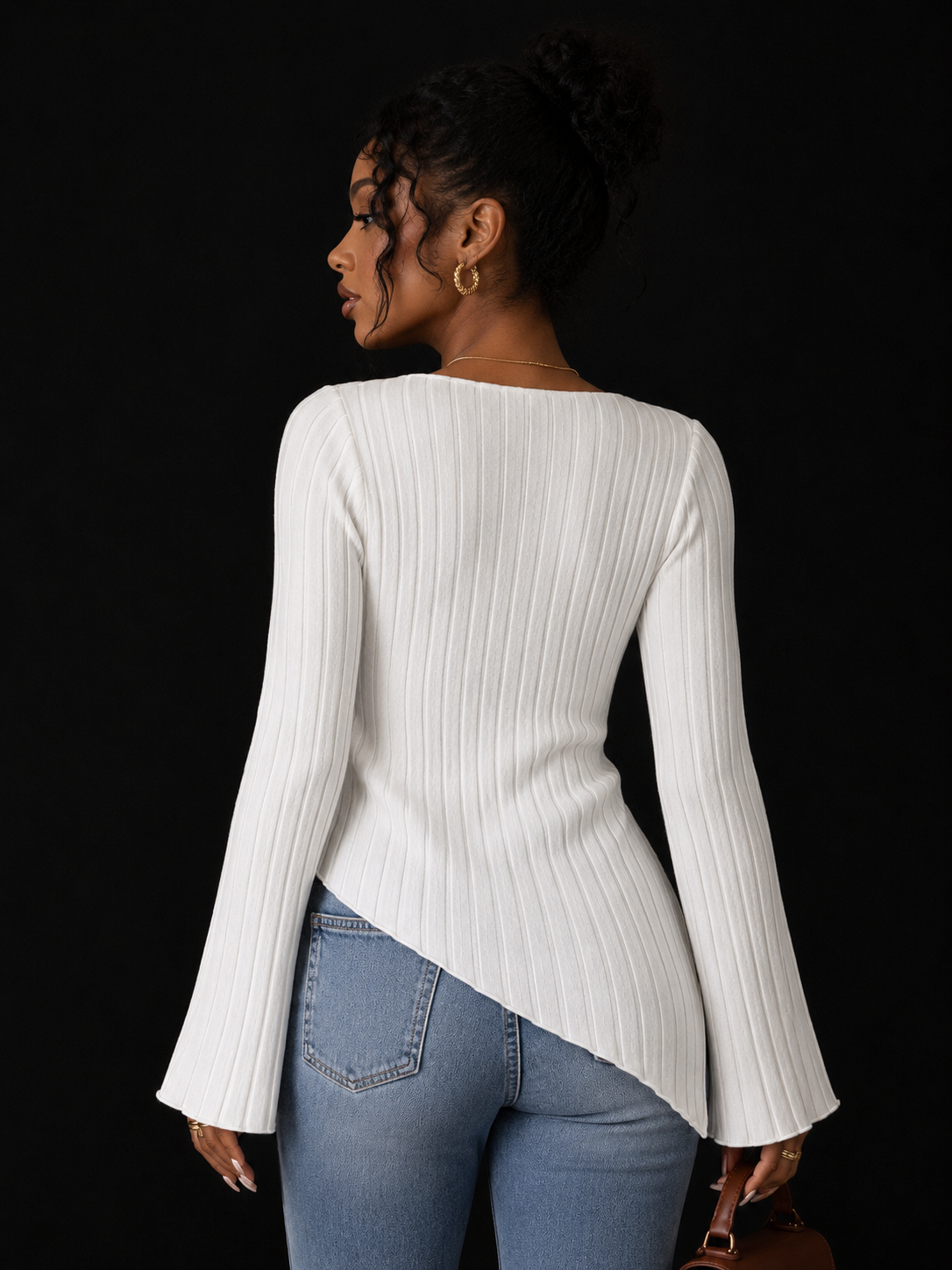 Cowl Neck Ribbed Knit T-Shirt