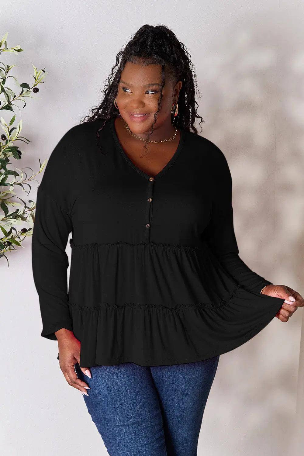 Double Take Half Button Long Sleeve Ruffle Hem Blouse - M. Burks Pretty Boutique LLC.shop