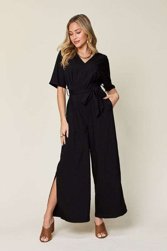 Double Take Full Size V-Neck Tied Side Slit Jumpsuit.