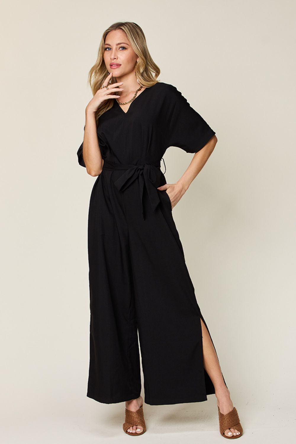 Double Take Full Size V-Neck Tied Side Slit Jumpsuit.