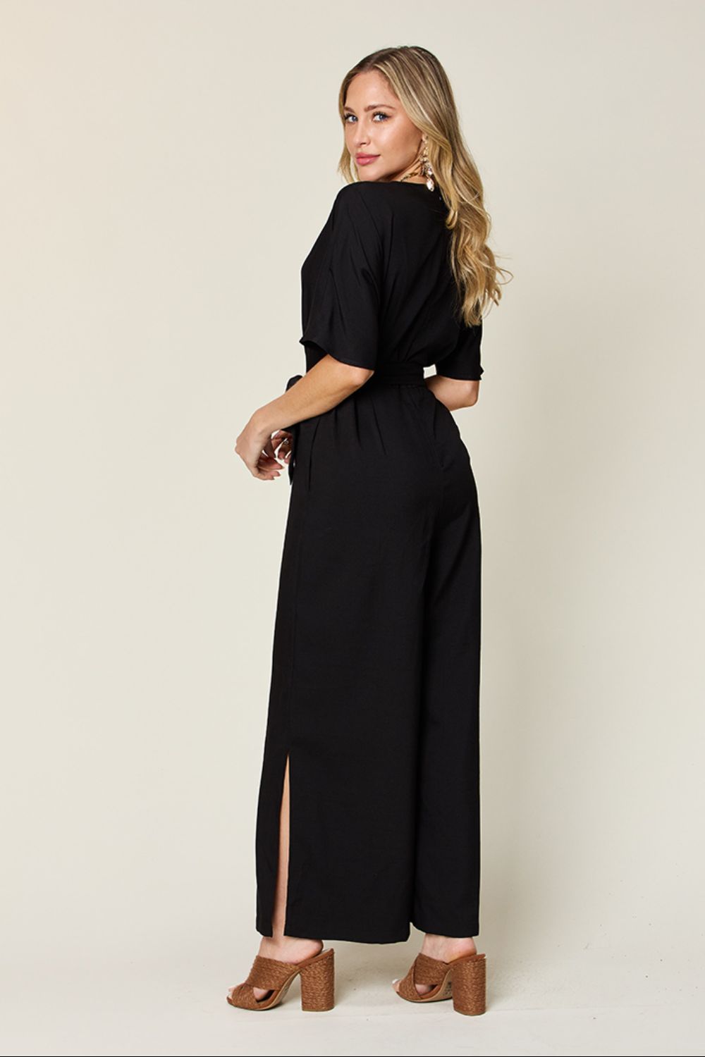 Double Take Full Size V-Neck Tied Side Slit Jumpsuit.