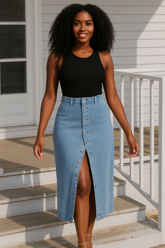 Buttoned Split Denim Skirt