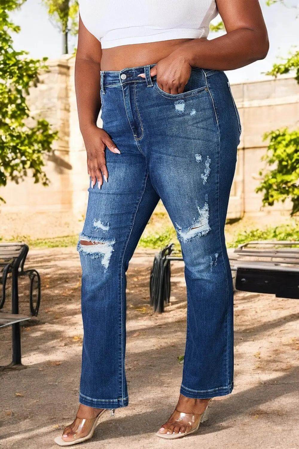 Judy Blue Full Size Mid Rise Hand Sand & Destroy Bootcut Jeans - M. Burks Pretty Boutique LLC.shop