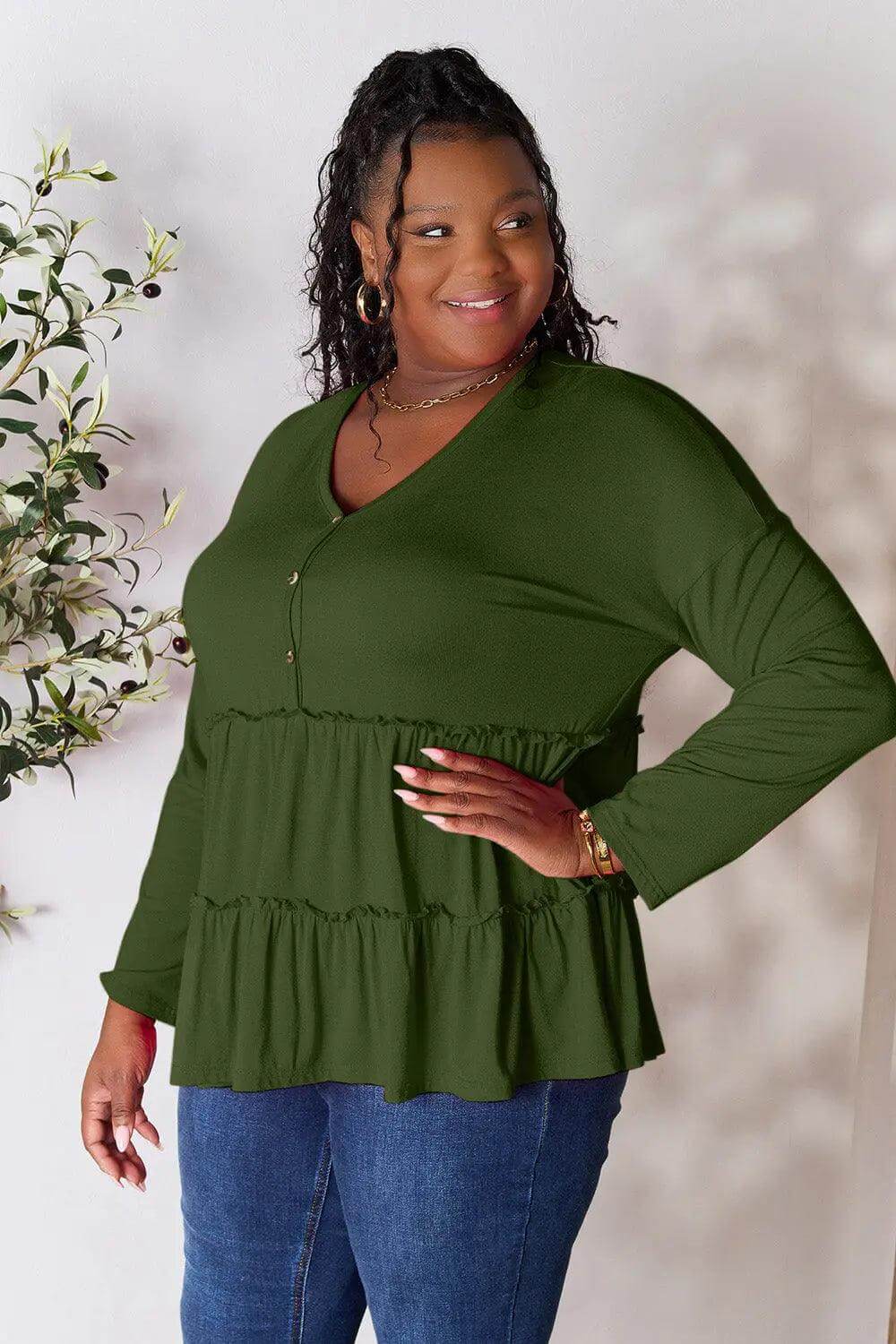 Double Take Half Button Long Sleeve Ruffle Hem Blouse - M. Burks Pretty Boutique LLC.shop