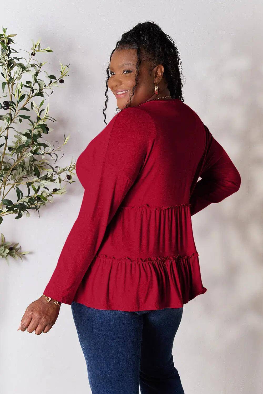 Double Take Half Button Long Sleeve Ruffle Hem Blouse - M. Burks Pretty Boutique LLC.shop