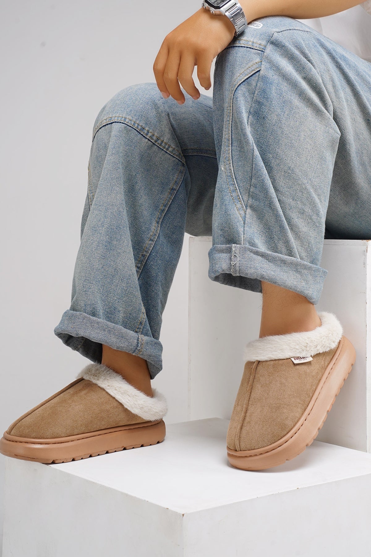 Furry Round Toe Platform Slippers.