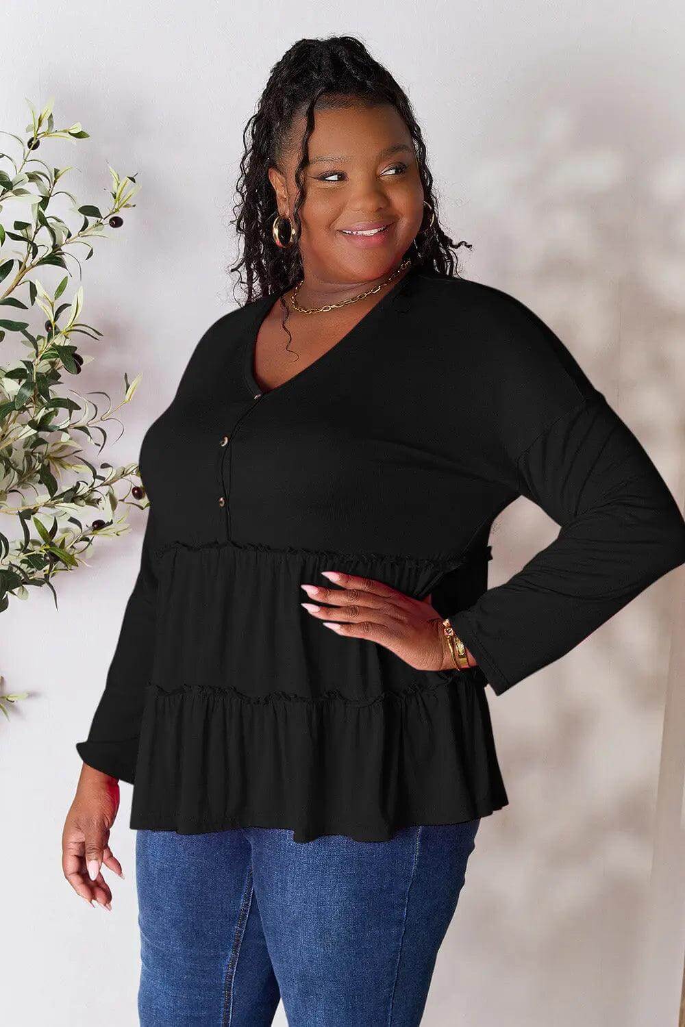 Double Take Half Button Long Sleeve Ruffle Hem Blouse - M. Burks Pretty Boutique LLC.shop