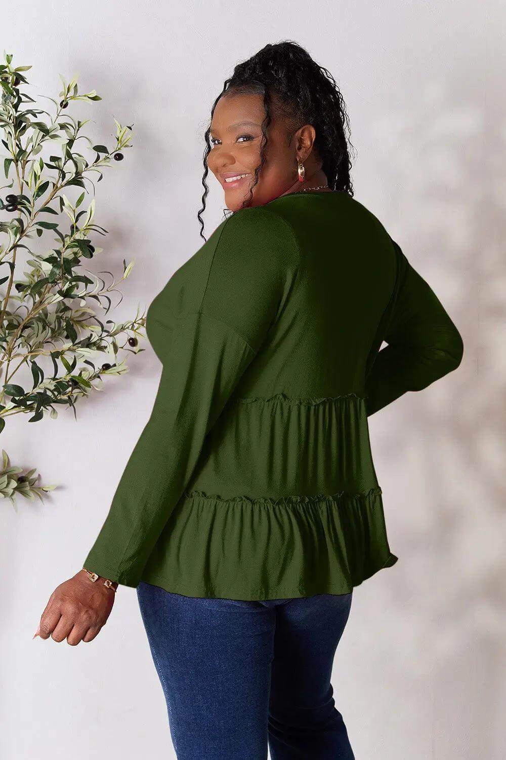 Double Take Half Button Long Sleeve Ruffle Hem Blouse - M. Burks Pretty Boutique LLC.shop