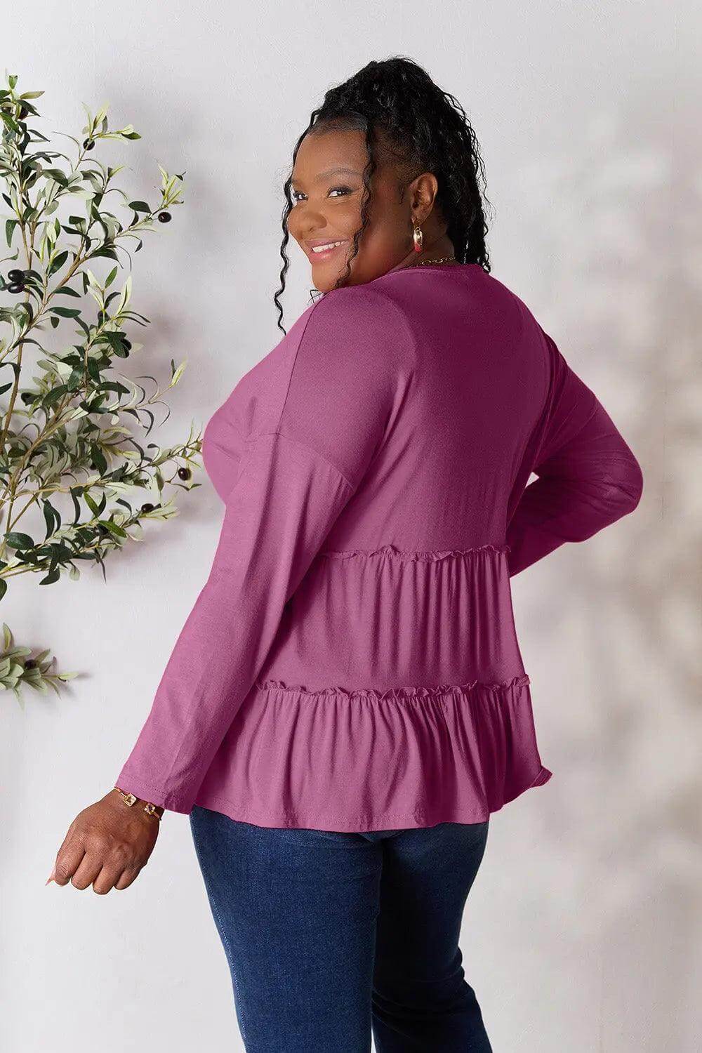Double Take Half Button Long Sleeve Ruffle Hem Blouse - M. Burks Pretty Boutique LLC.shop