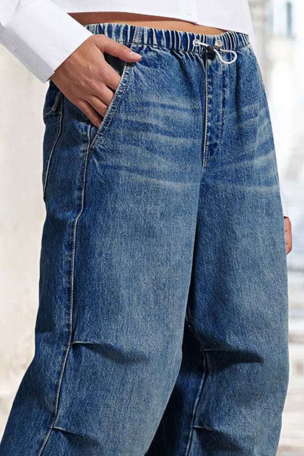 Drawstring Waist Wide Leg Shirred Jeans.