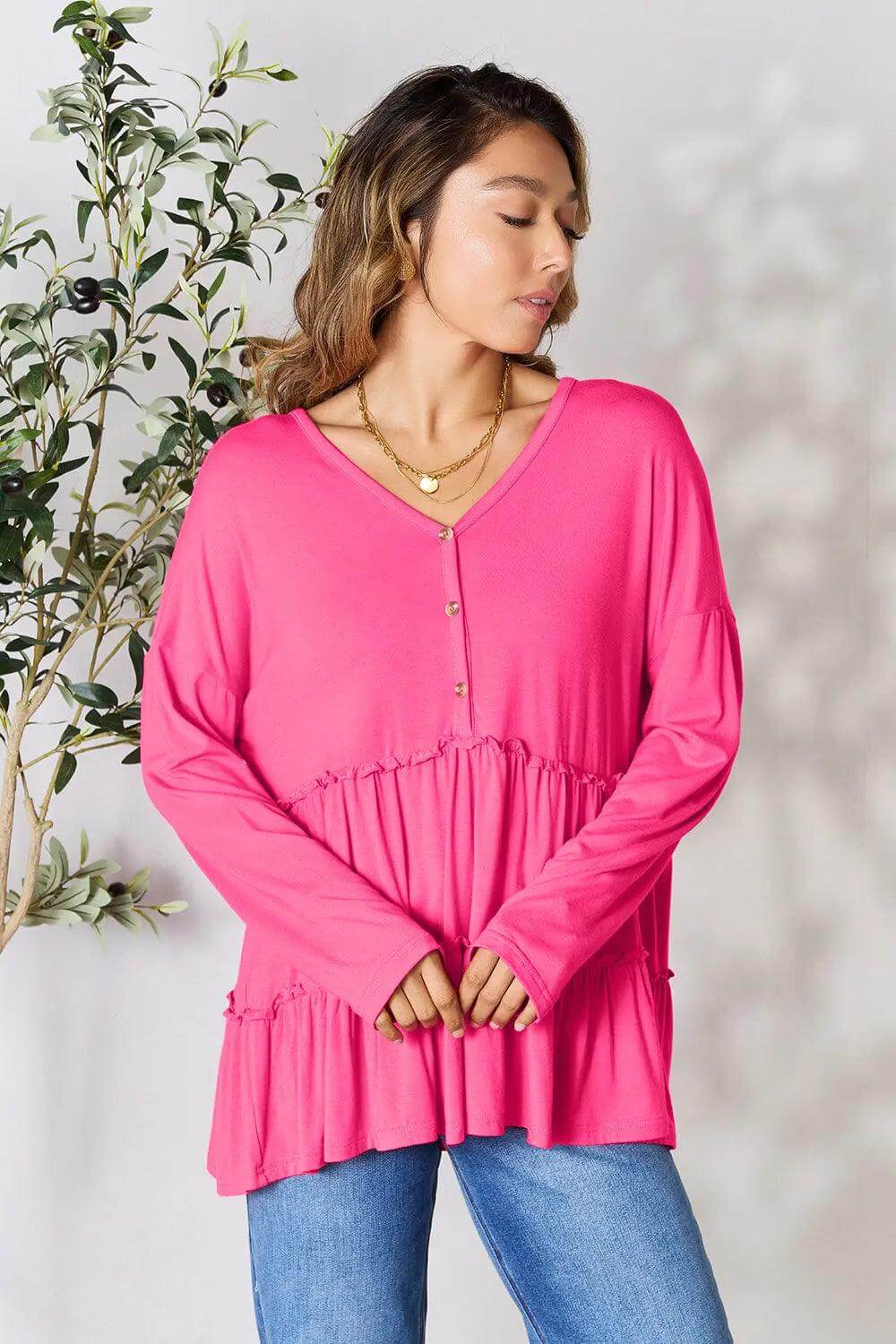 Double Take Half Button Long Sleeve Ruffle Hem Blouse - M. Burks Pretty Boutique LLC.shop